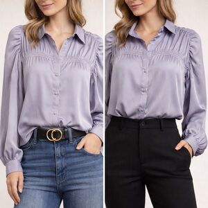 Lilac Button-Down Blouse with Ruched Sleeves
